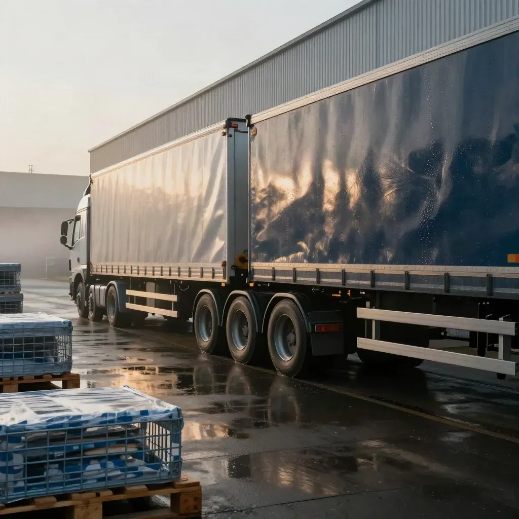 Articulated lorry edging into a wet UK logistics yard beside pallets and a warehouse bay.