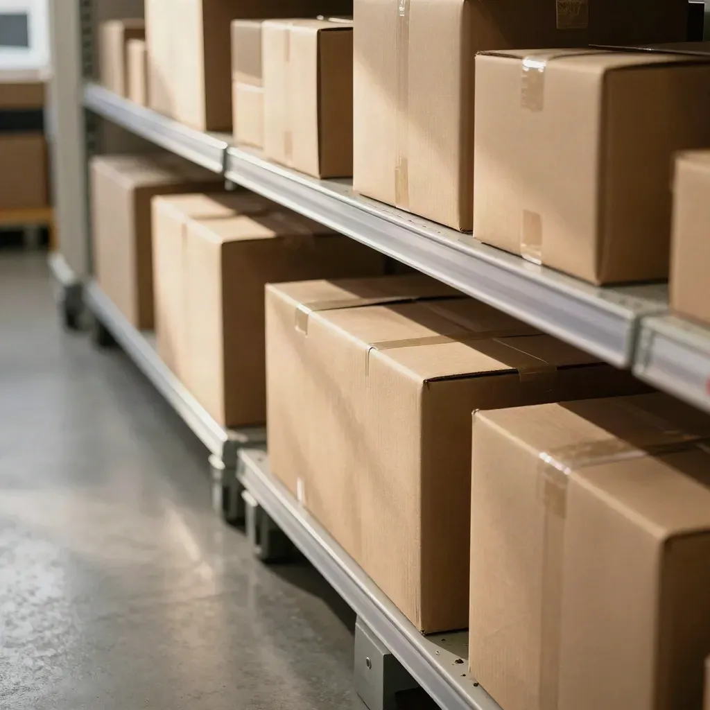 Kraft cartons and pallet wrap in a London retail backroom reset, warm light on polished concrete.