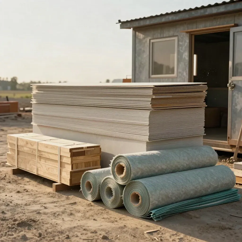 Construction materials stacked beside a site cabin under pale sky.
