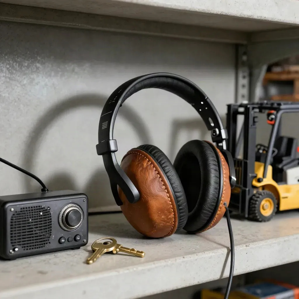 Headset, brass keys, dock radio and miniature forklift on a concrete shelf