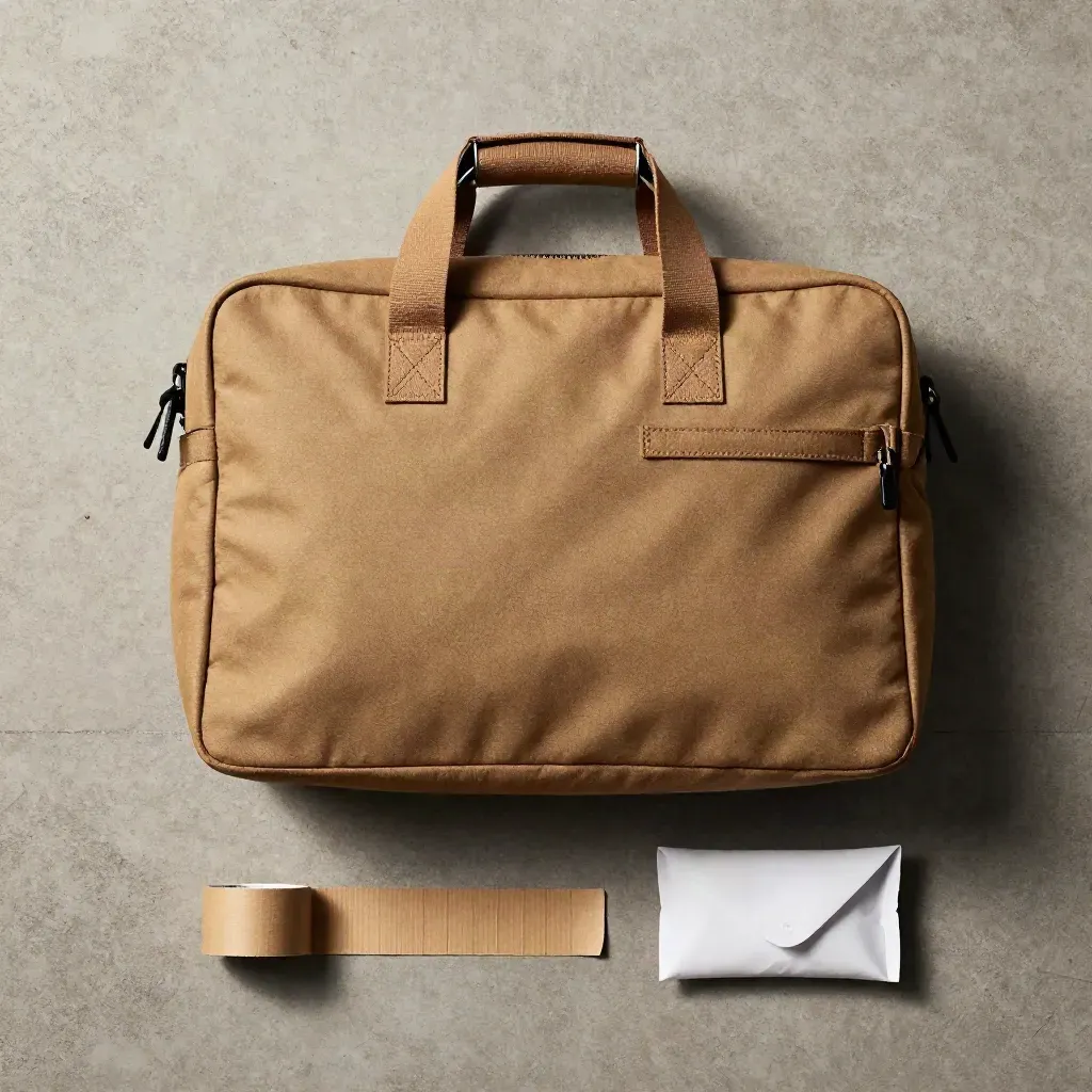 Overhead flatlay of courier satchel, cargo sleeve, kraft tape and sealed parcel corner on concrete.
