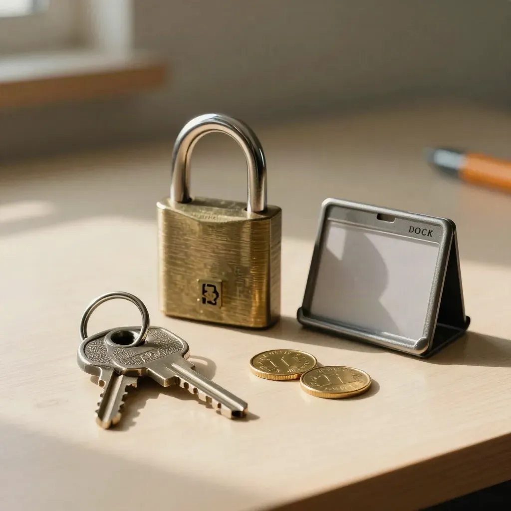 Truck keys, brass tokens and a lockbox on pale wood, softly lit booking still life.