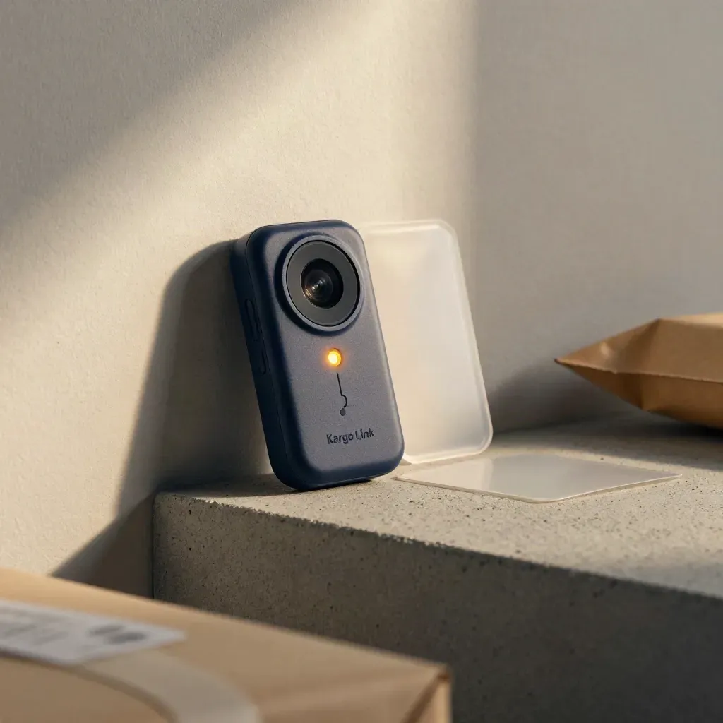 GPS tracker puck, navy route marker and amber beacon on a concrete shelf.