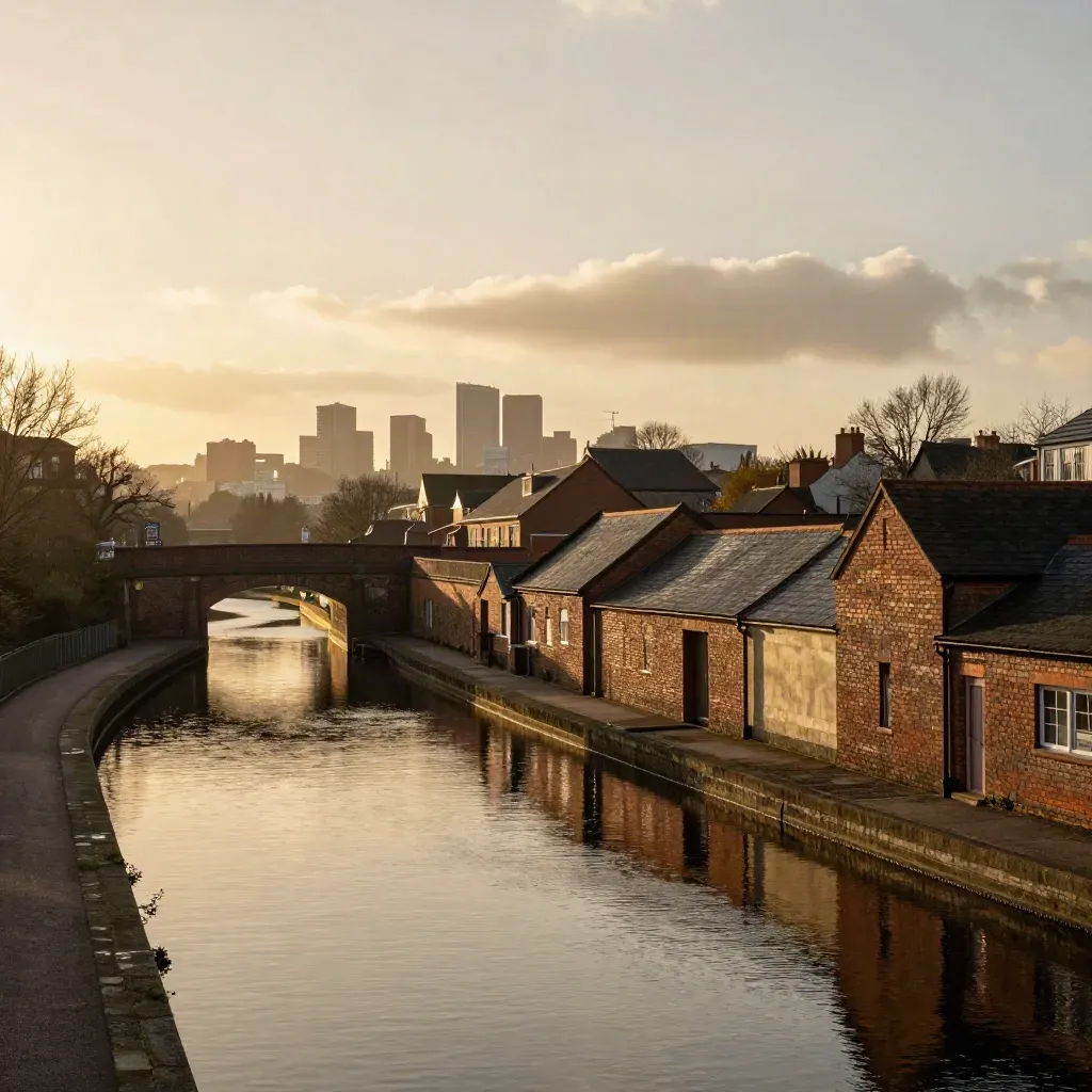 Golden-hour West Midlands skyline with canals, brick viaducts and soft haze.