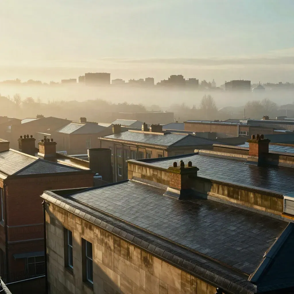 Hazy dawn over Manchester and Salford Quays above wet roofs, calm foggy foreground.